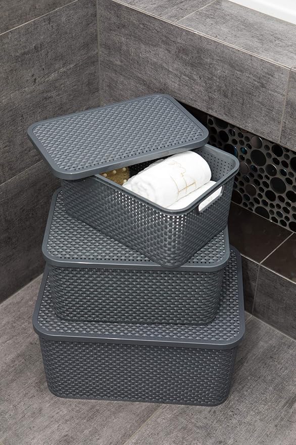BranQ - Home essential Wicker Basket Set of 3 Small 7 litres, Plastic PP, Charcoal, 28,5x19,5x12,9 cm - Image 3