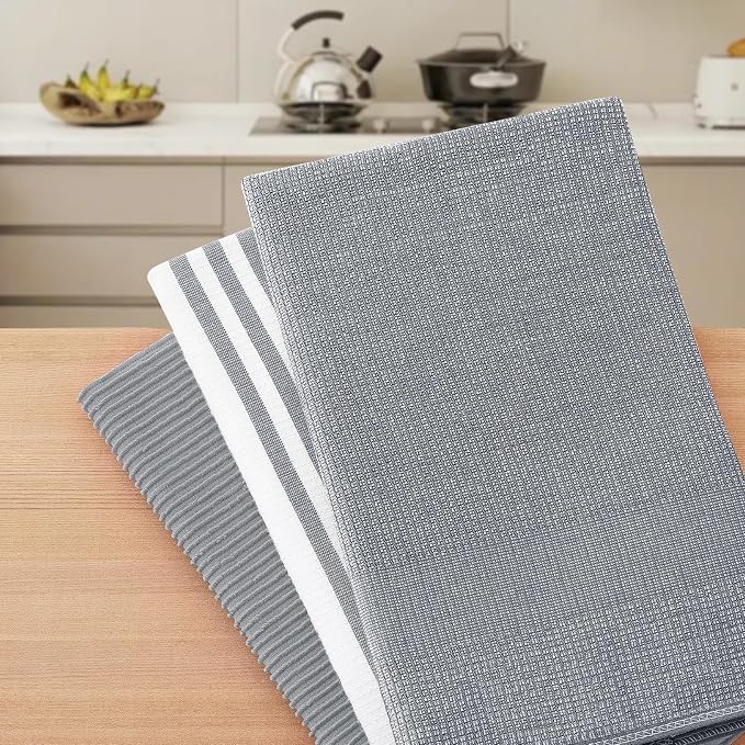 Homaxy Cotton 380 GSM Premium Kitchen Towels, 18"x 28", 3 Pack, Grey | Soft and Absorbent Terry Dish Towels, Multipurpose Tea Towel Set with Hanging Loop, 3 Styles Kitchen Hand Towels - Image 7