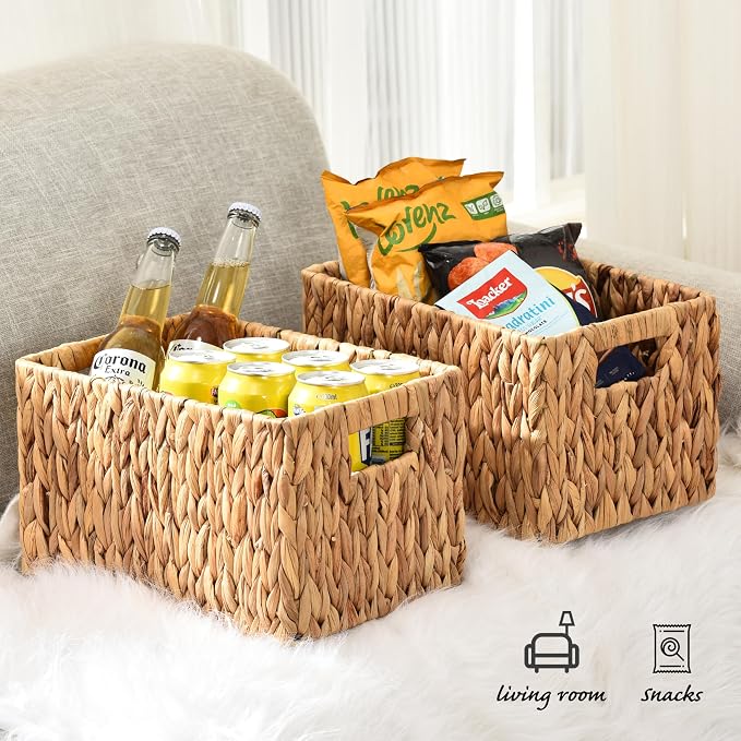 Water Hyacinth Rectangular Wicker Baskets, 12" Wicker Basket 2 Pack, Woven Storage Baskets with Handles - Image 7