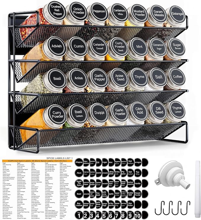 Magnetic Spice Rack Organizer for Refrigerator with 28 Spice Jars, 386 Spice Labels, 4 Hook, Chalk Marker and Funnel Set, Magnetic Shelf for Seasoning Organizer, 13.2'' W x 9.8 H, Black by UVIAHOMIHOMEORGANIZER