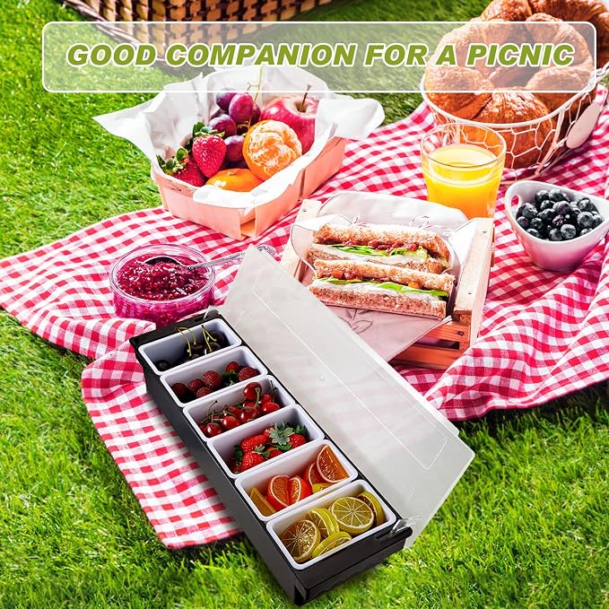 2 Pcs Bar Fruit Caddy with Lid Salad Condiment Server Black Plastic Garnish Tray Ice Chilled Condiment Caddy for Home Restaurant Bartending Serving Veggie Taco Salad Party Supplies(6 Compartments) - Image 7