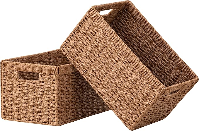 UBBCARE 2 Pack Wicker Basket, 13.4L×8.3H×7.1W inch Woven Paper Rope Storage Baskets for Shelves, Foldable Rectangular Storage Baskets with Handle, Storage Basket for Organizing, Caramel by UBBCARE