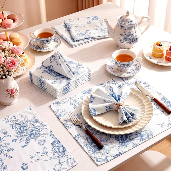 12 Pcs Floral Cloth Napkins 6 Patterns Washable Dinner Tea Party Napkins Reusable Plant Flowers Square Napkin Cotton Towel Decorative for Summer Wildflower Party(Blue Floral) - Image 2