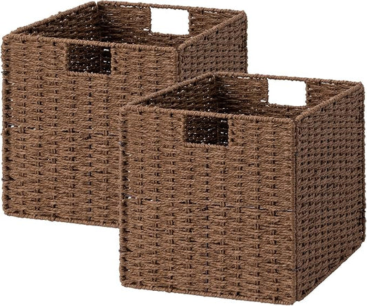 StorageWorks 13 inch Cube Storage Bins, Wicker Baskets for Storage, Brown | 2-Pack, Foldable Square Baskets, Wicker Storage Baskets for Organizing, Paper Rope Square Storage Cubes, Cube Storage Bins by StorageWorks