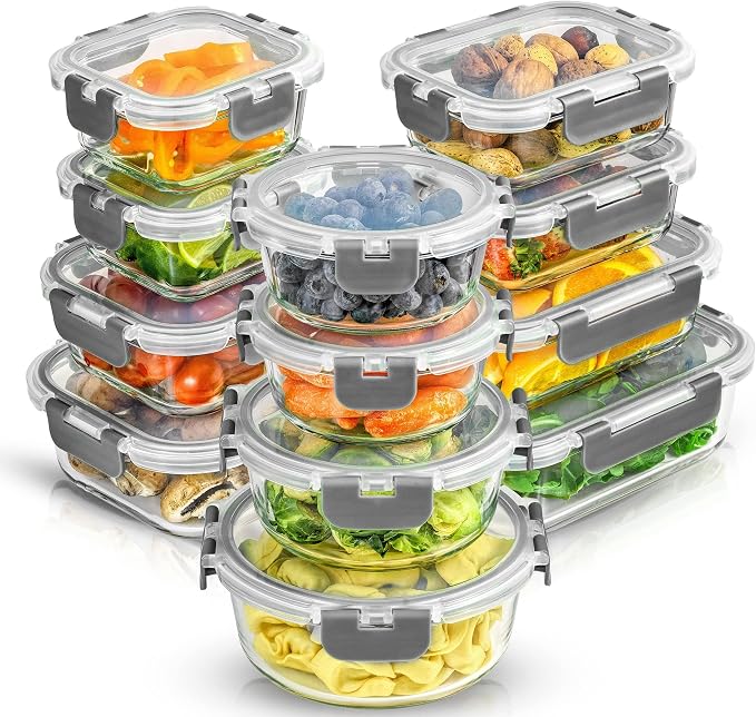 JoyJolt 24pc Borosilicate Glass Storage Containers with Lids | 12 Airtight/Freezer Safe Food Storage Containers for Pantry and Kitchen | Meal Prep Container for Lunch | Glass Tupperware Set by JoyJolt