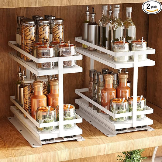 Pull Out Spice Rack 2Pcs Metal & Wood Seasoning Organizer White | No-Drill Install | Full-Extension Silent Glide | Each Tier Holds 10–12 Standard Spice Bottles | Rustproof, Wipe-Clean Surface by HOFUSUSER