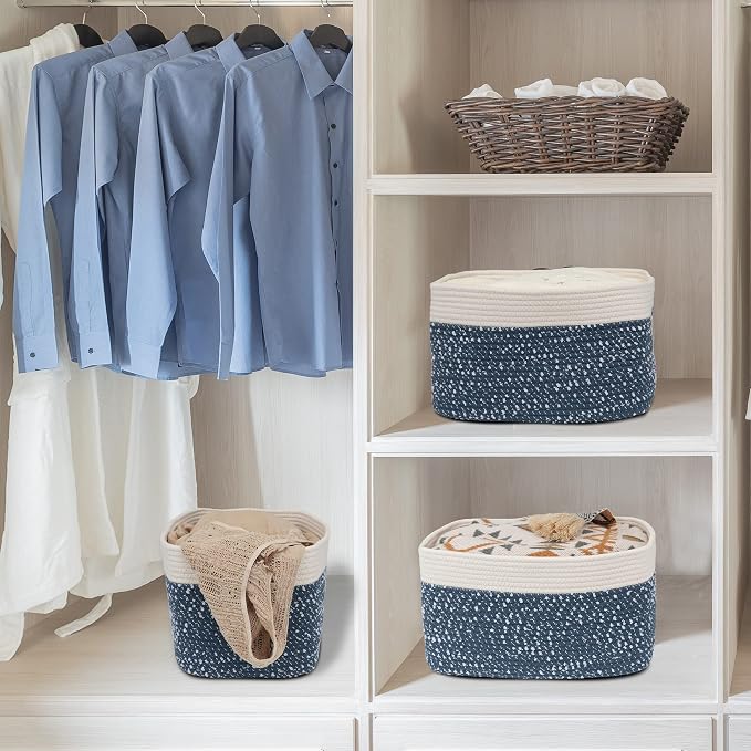 XUANGUO Woven Cotton Rope Storage Baskets 15x10x9.3" 3 Pack White and Blue | Decorative rectangular storage baskets for shelves and closets; storage bins organize clothes, toys, books and nursery items. - Image 4