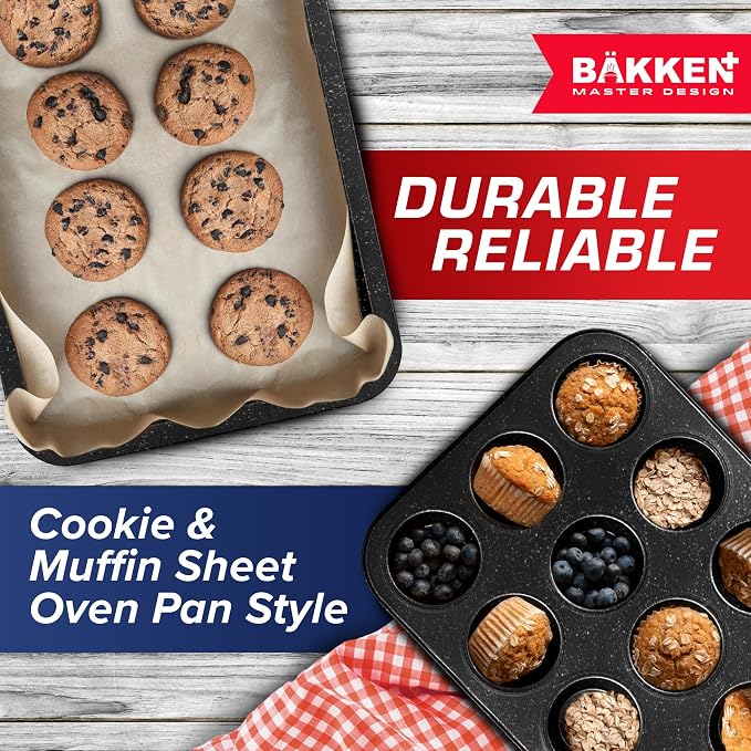 BAKKEN 6-Piece Kitchen Baking Pan Set - Commercial Grade Carbon Steel Bakeware, With Nonstick Coating, Stackable and Space-saving Design, PFOA, PFOS, PTFE Free, Oven Safe (Up To 450°F), Gray Marble - Image 5