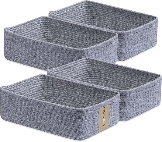 MiniArk Large Shallow Organizing Baskets 15x11x5.1 Inches - Rope Woven Storage Bins for Bathroom, Shelves, Cube Closet, Mixed Grey 4 Packs by MiniArkStorageBasketsHome