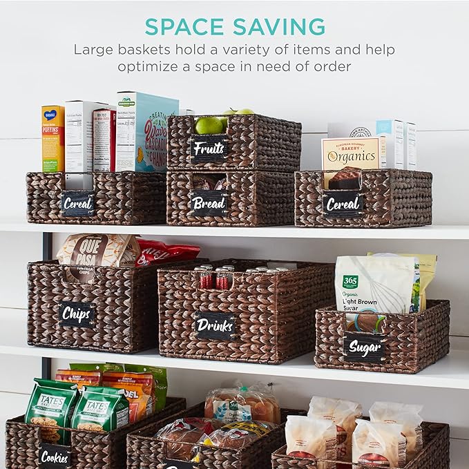 Best Choice Products Pantry Baskets Set of 2 16x12in Water Hyacinth Storage Baskets, Woven Wicker Kitchen Organizers with handles w/Chalkboard Label Chalk Marker - Brown - Image 4