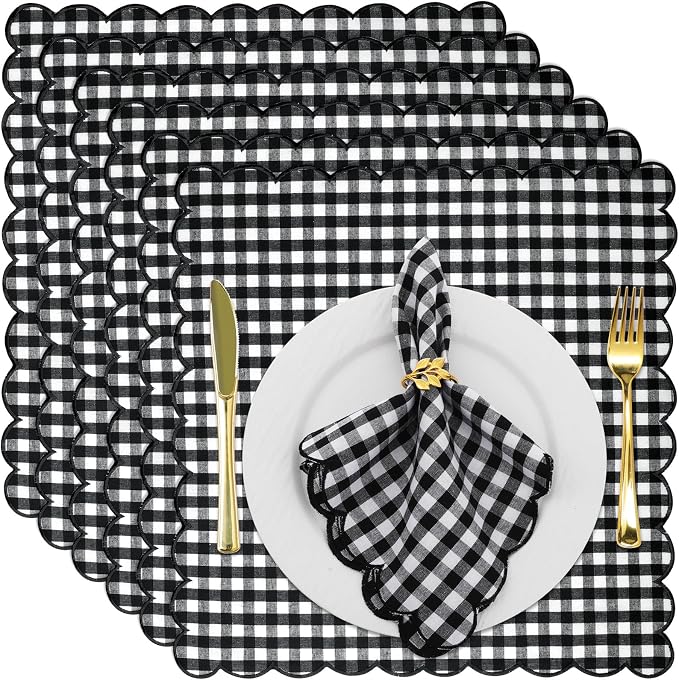 SmoothNovelty 6 Pack Buffalo Plaid Cloth Napkins 18x18 Inch Checkered Cloth Napkins Scalloped Soft Cotton Table Mat Washable Reusable for Dinner Wedding Holiday Birthday Parties (Classic,Black) by SmoothNovelty