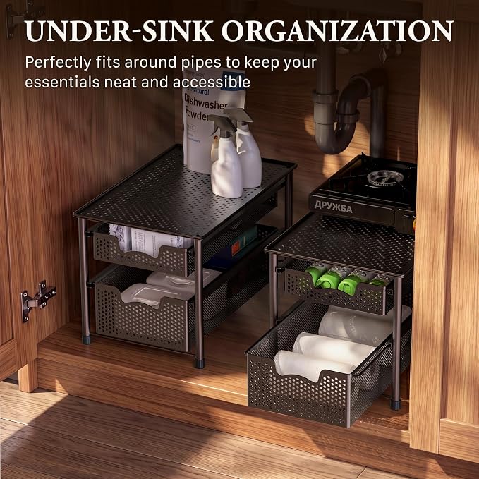 Simple Houseware Stackable 2 Tier Sliding Basket Organizer Drawer, Bronze - Image 6