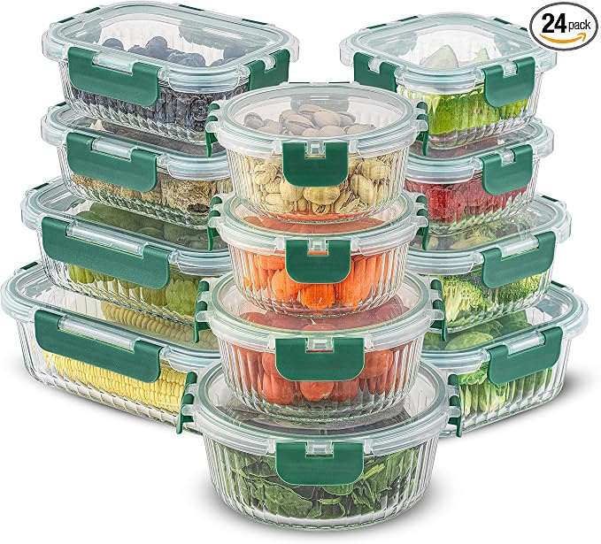 JoyJolt 24pc Borosilicate Glass Storage Containers with Lids | 12 Airtight/Freezer Safe Food Storage Containers for Pantry and Kitchen | Meal Prep Container for Lunch | Glass Tupperware Set by JoyJolt