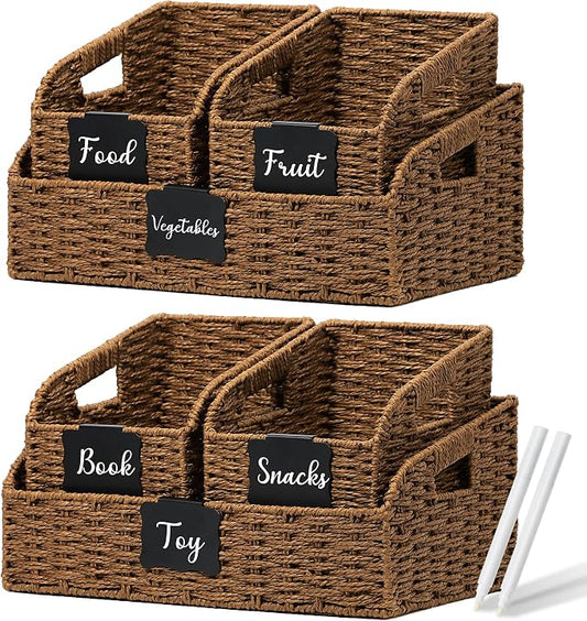 Wicker Baskets for Organizing, Pantry Baskets with Built-in Handles, Handwoven Large Storage Basket - Paper Storage Bins for Shelves, 3 Pack, Brown - 2 Set by Unknown