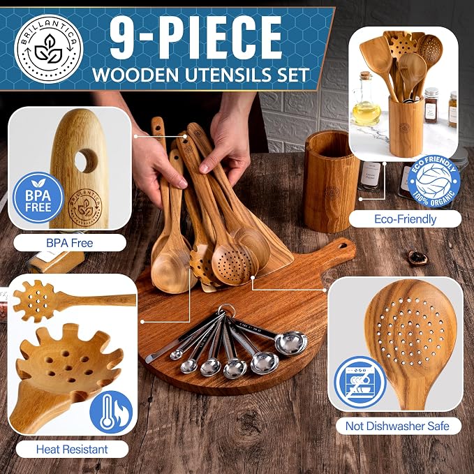 Complete 9-Piece Wooden Kitchen Utensil Set with Holder and Stainless Steel Measuring Spoons - Non-Toxic Wood Spatulas for Cooking, Safe for Non-Stick & Cast Iron Cookware - Image 2