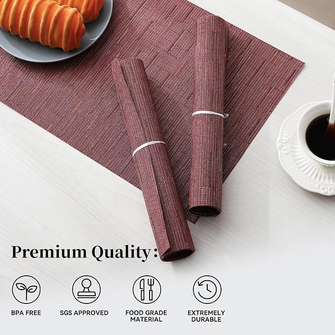 Leetaltree Burgundy Placemats Set of 4 - Heat Resistant Non-Slip Place mats for Dining Table, Washable Durable PVC Vinyl Woven Table Mats（Burgundy, 4） - Image 2