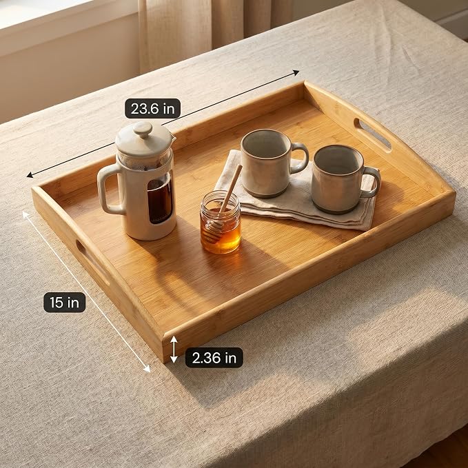 Bam & Boo Natural Bamboo Serving Tray Extra Large Rectangular with Handles for Food, Drinks, Storage, Decor, Vanity, Breakfast, Parties, Weddings, Picnics(23.6” x 15” x 2.35”, Natural) - Image 3