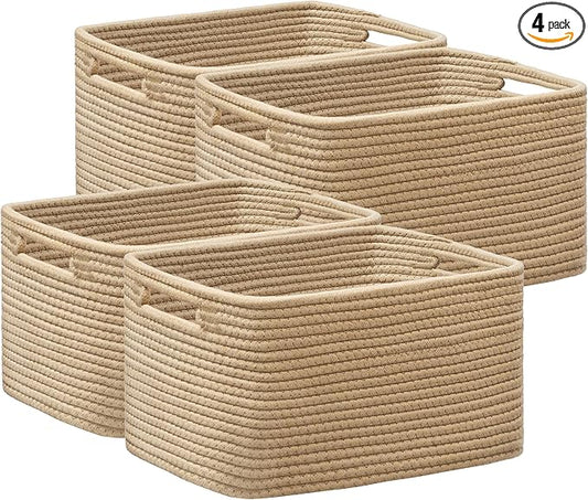 4 Pack Storage Baskets for Organizing, Woven Baskets for Shelves, Brown | 13"Lx9"Wx7.5"H, Woven Basket, Cotton Rope Basket, Toy Storage, Cube Shelf, Gift Baskets Empty, Home Decor by UBBCARE