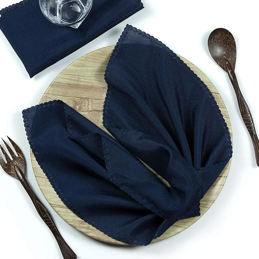 Pack of 25 Polyester Napkins 17 x 17 Inch Square with Scalloped Edge, Plain Washable Reusable Dining Table Cloth Napkin for Wedding Party Banquet Home Restaurant Bistro Decoration - Navy Blue by MDS