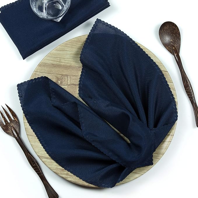 Pack of 50 Polyester Napkins 17 x 17 Inch Square with Scalloped Edge, Plain Washable Reusable Dining Table Cloth Napkin for Wedding Party Banquet Home Restaurant Bistro Decoration - Navy Blue by MDS