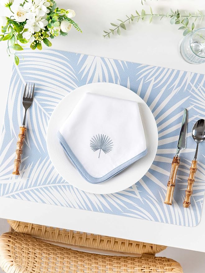 Hofdeco Premium Coastal Cotton Cloth Napkins Set of 4, 20"x20" Washable Dinner for Beach House Decor, Subtle Blue Embroidered Palm Leaf - Image 4
