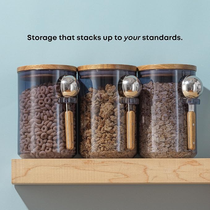 JoyJolt Holden 32oz Stackable Glass Storage Containers with Lids and Scoops, Airtight Food Canister Set of 3 w/Acacia Wood Lids, Round Stacking Pantry and Kitchen Containers w/Scoop | Smoke Blue - Image 5