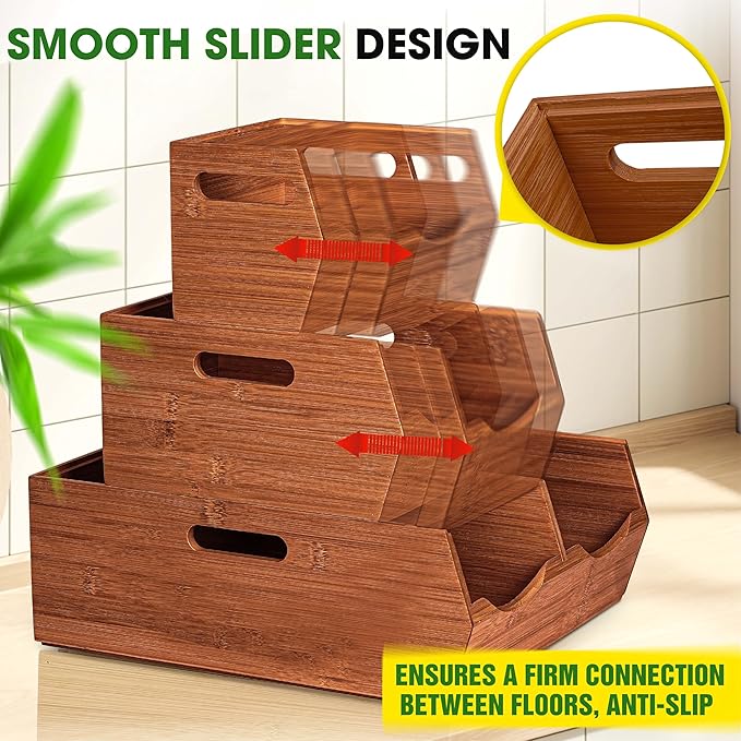 3-tier Stackable Bamboo Pantry Storage Bins, Potato & Onion Storage Baskets | Upgraded Storage Basket with Handles, Removable Divider, Pantry Organizer Holder for Kitchen, Cabinet, Fruit Storage (Walnut) - Image 4