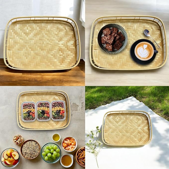 Set of 4 pcs Rectangular Bamboo Wicker Serving Trays with Handles, Handwoven Coffee Trays for Coffee, Breakfast, Bread, Food, Dish and Decorative Trays for Dining Table - Image 3