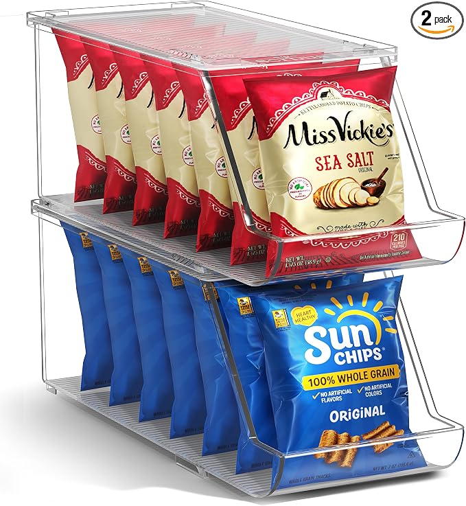 Sorbus Stackable Snack Organizer Bins Open Front – Clear Pantry Storage Bins for Chips, Snacks & Food Pouches – Kitchen Pantry Organizer (2 Pack) | Open Front, Clear, For Chips, Snacks & Food Pouches, Pantry Storage by Sorbus