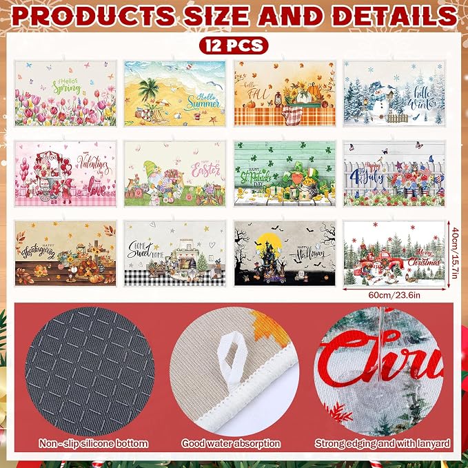 12 Pcs Seasonal Dish Drying Mats for Kitchen 24"x 16" Holiday Microfiber Absorbent Washable Drainer Mat Bulk for Counter Gift Patriotic Summer Home Accessories Decoration(Classic) - Image 2
