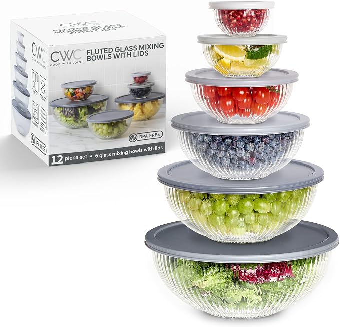 COOK WITH COLOR 12 Pc Glass Mixing Bowl Set with Lids – Borosilicate Glass Nesting Bowls for Cooking, Baking and Meal Prep, Fluted Grey by CookwithColor