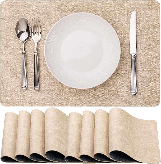 Baroyal Faux Leather Placemats Set of 8 Vinyl Washable Wipeable Table Mats for Kitchen Dining Table Heat Resistant Waterproof Modern Indoor/Outdoor Placemats Non-Slip Easy Clean Place Mats (Beige) by BAROYAL