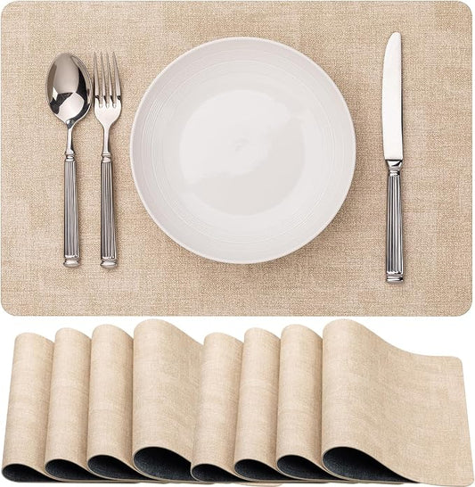 Baroyal Faux Leather Placemats Set of 8 Vinyl Washable Wipeable Table Mats for Kitchen Dining Table Heat Resistant Waterproof Modern Indoor/Outdoor Placemats Non-Slip Easy Clean Place Mats (Beige) by BAROYAL