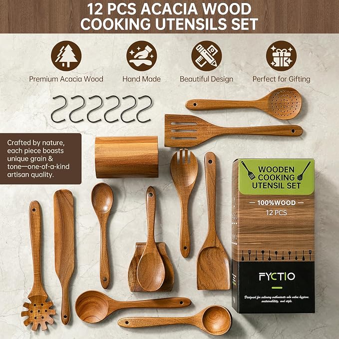 12 PCS Natural Acacia Wooden Utensil Set Wooden Spoons for Cooking | Non-Toxic, Nonstick Safe, Sturdy & Easy to Clean, Comes with Holder, Spoon Rest & 6 Hooks, Perfect Practical Kitchen Gift - Image 2