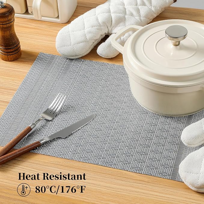 Leetaltree Lunar Grey Placemats Set of 8 - Heat Resistant Non-Slip Place mats for Dining Table, Washable Durable PVC Vinyl Woven Table Mats（Lunar Grey, 8） - Image 4