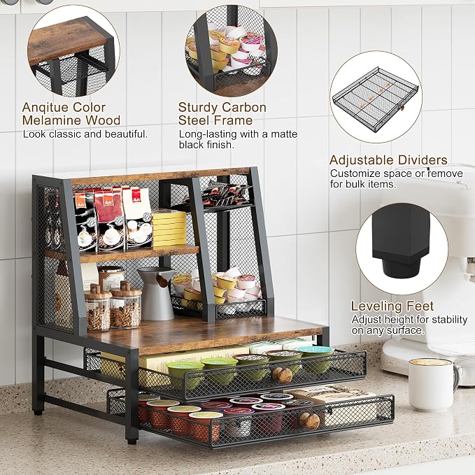 TQVAI Coffee Bar Organizer, Maximize Small Countertop Space, 70 Standard Capsules Capacity with Sliding Pods Drawer, 4-Tier Coffee Station Organizer for Home Kitchen Office Commercial - Image 4
