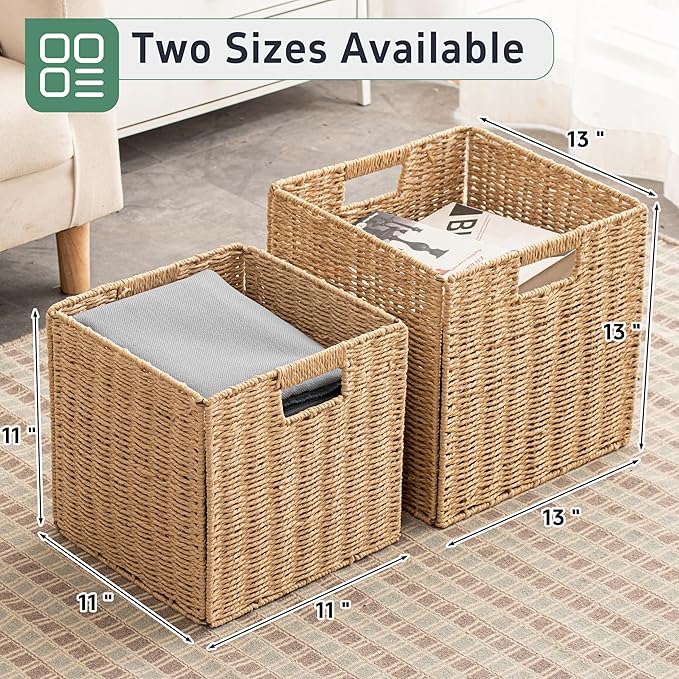 11x11x11 Cube Storage Bins Set of 4, Paper Rope Hand Woven Storage Basket with Handles, Collapsible Square Storage Cubes for Shelves, Wicker Shelf Baskets for Living Room Bedroom Organizing, Natural - Image 6