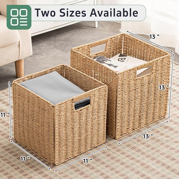 13x13x13 Storage Cube Bins Set of 4, Paper Rope Hand Woven Storage Basket with Handles, Collapsible Square Storage Cubes for Shelves, Wicker Shelf Baskets for Living Room Bedroom Organizing, Natural - Image 5