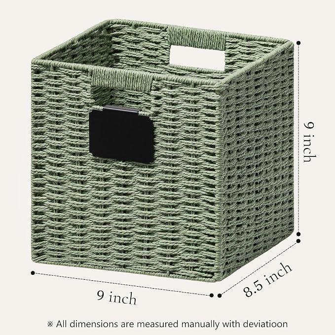 UBBCARE 4 Pack Small Wicker Basket, 9×9 Storage Cubes with Label, Foldable Green Decor Cube Storage Bin with Handle, Square Storage Basket for Shelves, Woven Paper Rope Basket for Organizing, Green - Image 2