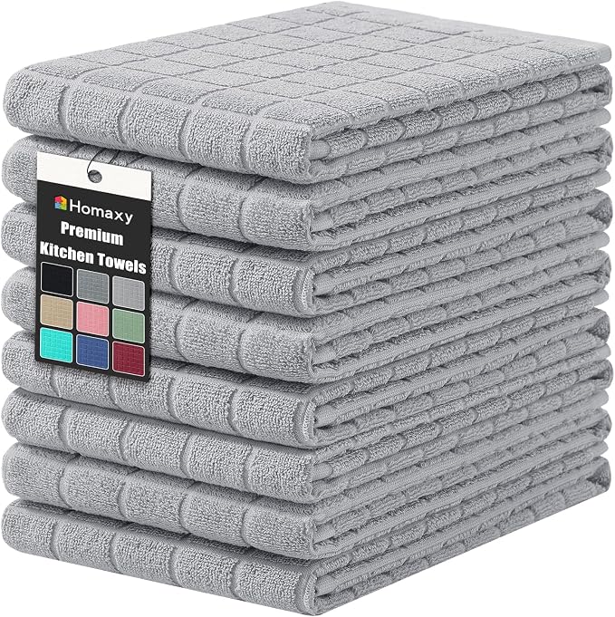 Homaxy Premium Ring Spun Cotton 390 GSM Kitchen Towels, 6 Pack, Light Grey | 16" x 28" Large Dish Towels, Super Absorbent Terry Hand Towels, Soft Tea Towels with Hanging Loops by Homaxy