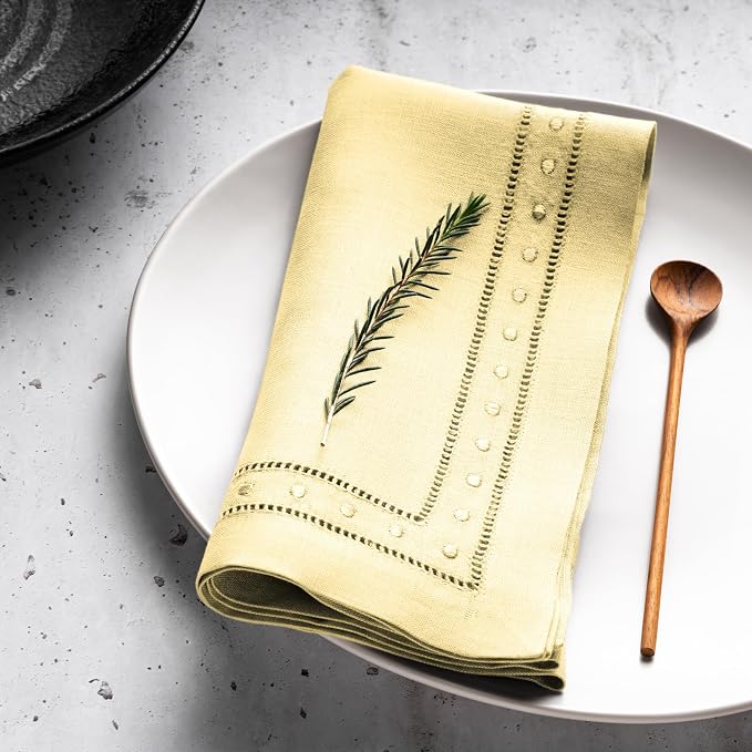 Linen Napkins 18 x 18 inch - 100% Flax Linen Yellow Dinner Napkins with Embroidered Dot 18 x 18 inch - Hemstitch Cloth Napkins Washable for Easter and Spring Decor - Image 3