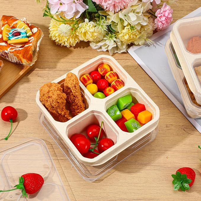 12 Pcs 4 Compartment Snack Containers, Reusable Divided Snack Containers with Lids Wheat Straw Meal Lunch Box, Plastic Food Storage Container for Meal Prep, Travel, Snacks, Fruits - Image 2