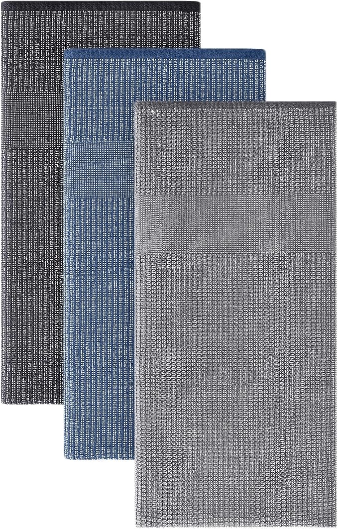 Homaxy 380 GSM Cotton Premium Kitchen Towels 3 Pack, 18"x 28", Mix | Flat and Terry Dish Towels, Highly Absorbent Tea Towel Set with Hanging Loop, Soft Kitchen Hand Towels, Navy/Grey/Black by Homaxy