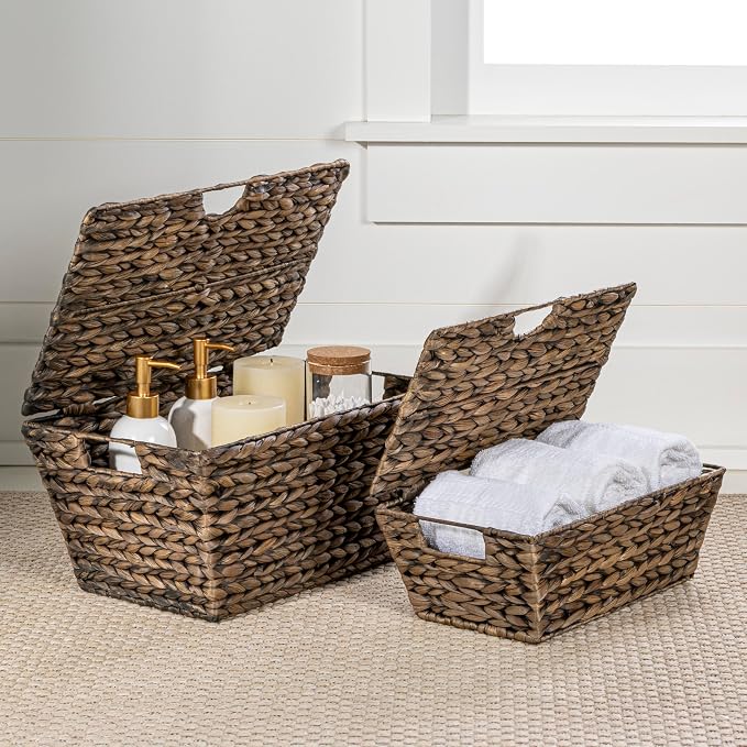 happimess Wilder Hyacinth Storage Baskets with Lids 16", Brown, Set of 2 | Farmhouse Style, Woven Wicker, Built-in Handles, Metal Frame Construction, Nesting For Easy Organization, Rectangular - Image 7