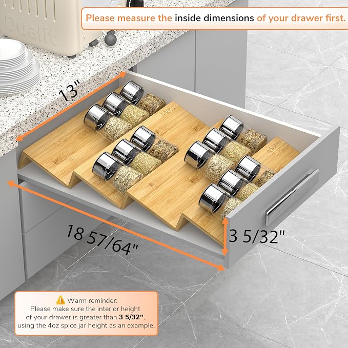 AMBIRD Bamboo Spice Drawer Organizer with Non-slip Mat, 4 Tier Jar Spice Rack Tray 13'',Seasoning Organizer for Kitchen,Cabinet,Drawers,Countertop - Image 4
