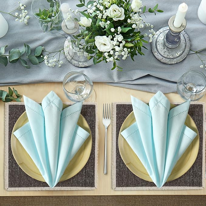 Ramanta Home Baby Blue Cloth Dinner Napkin Set of 4-18x18 Inch | Cotton Linen Flax Hemstitched Napkins Washable for Everyday Use - Image 3