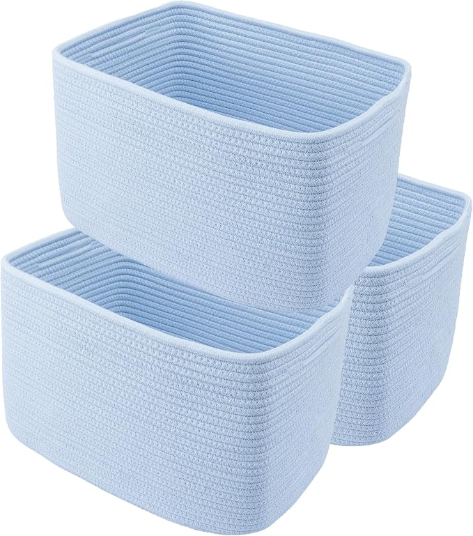 XUANGUO Woven Cotton Rope Storage Baskets 15x10x9.3" 3 Pack Light Blue | Decorative rectangular storage baskets for shelves and closets; storage bins organize clothes, toys, books and nursery items. by XUANGUO