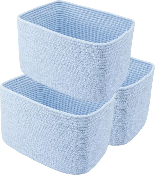 XUANGUO Woven Cotton Rope Storage Baskets 15x10x9.3" 3 Pack Light Blue | Decorative rectangular storage baskets for shelves and closets; storage bins organize clothes, toys, books and nursery items. by XUANGUO
