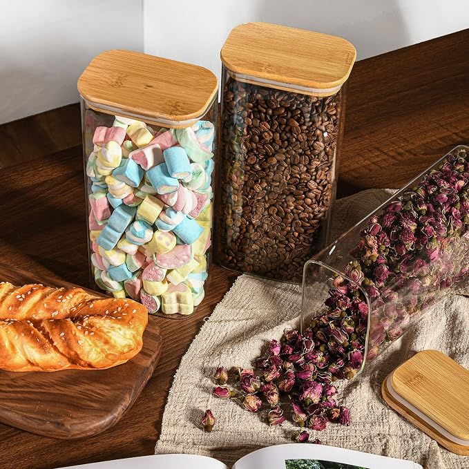 D2scrma 64oz Rectangle Airtight Glass Storage Containers with Bamboo Lids (Set of 3), Square Food Storage Jar, Pantry Organizers for Cereal, Flour, Pasta and Coffee beans (‎with Black Lable) - Image 6