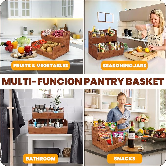 2-tier Stackable Bamboo Pantry Storage Bins, Potato & Onion Storage Baskets | Upgraded Storage Basket with Handles, Removable Divider, Pantry Organizer Holder for Kitchen, Cabinet, Fruit Storage (Walnut) - Image 7